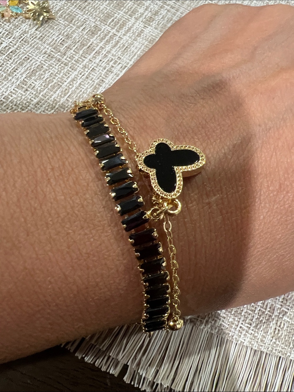 Gold Bracelet Set with Black Enamel Butterfly and Black Stone Chain